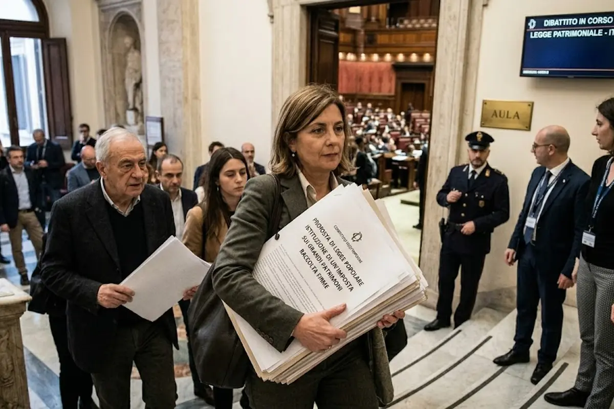 Una donna porta un voluminoso faldone di documenti per una proposta di legge popolare sui grandi patrimoni all'interno di un palazzo istituzionale italiano