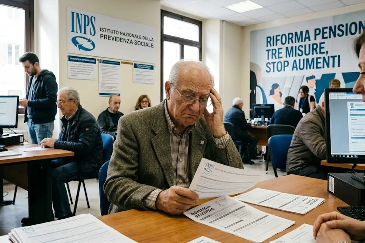Un uomo anziano con espressione delusa e preoccupata mentre consulta documenti previdenziali presso uno sportello INPS